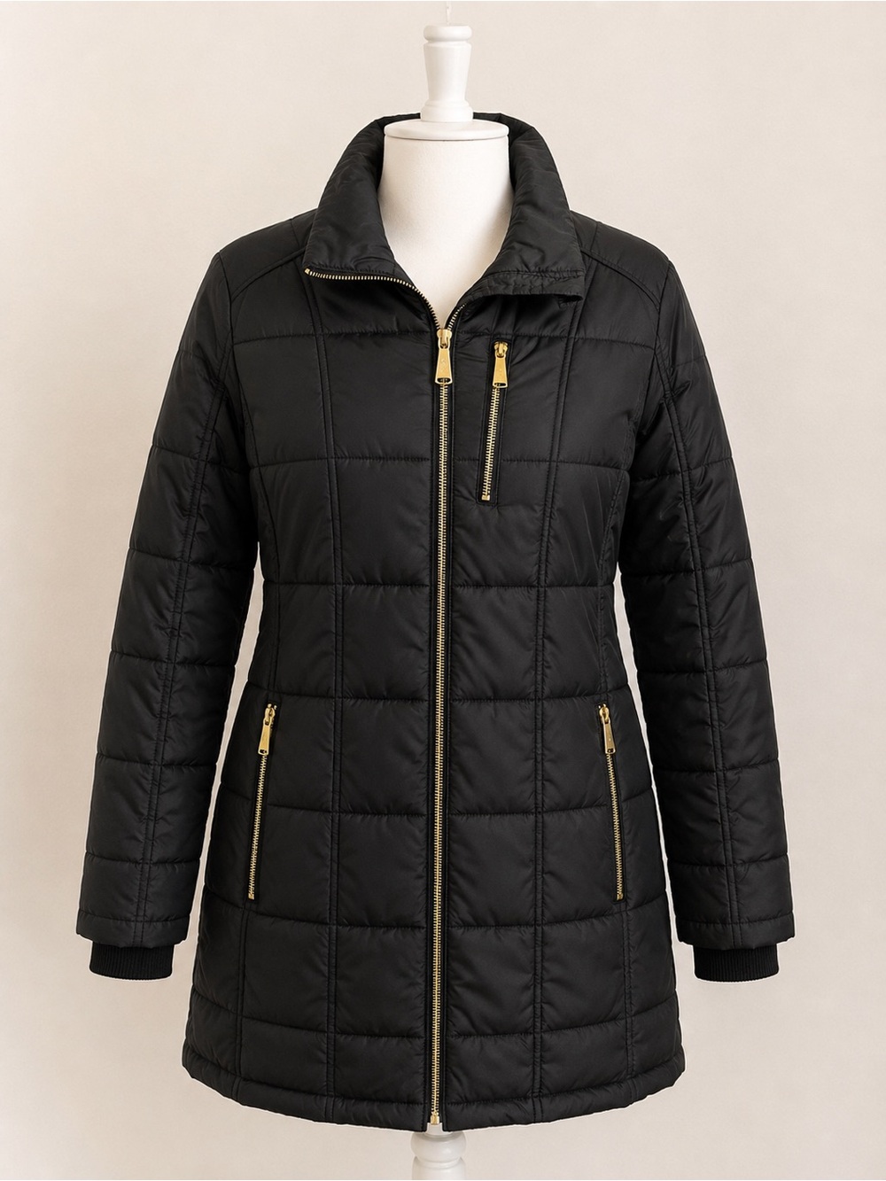 Liz Claiborne Black Quilted Long Puffer Coat with Gold Hardware
